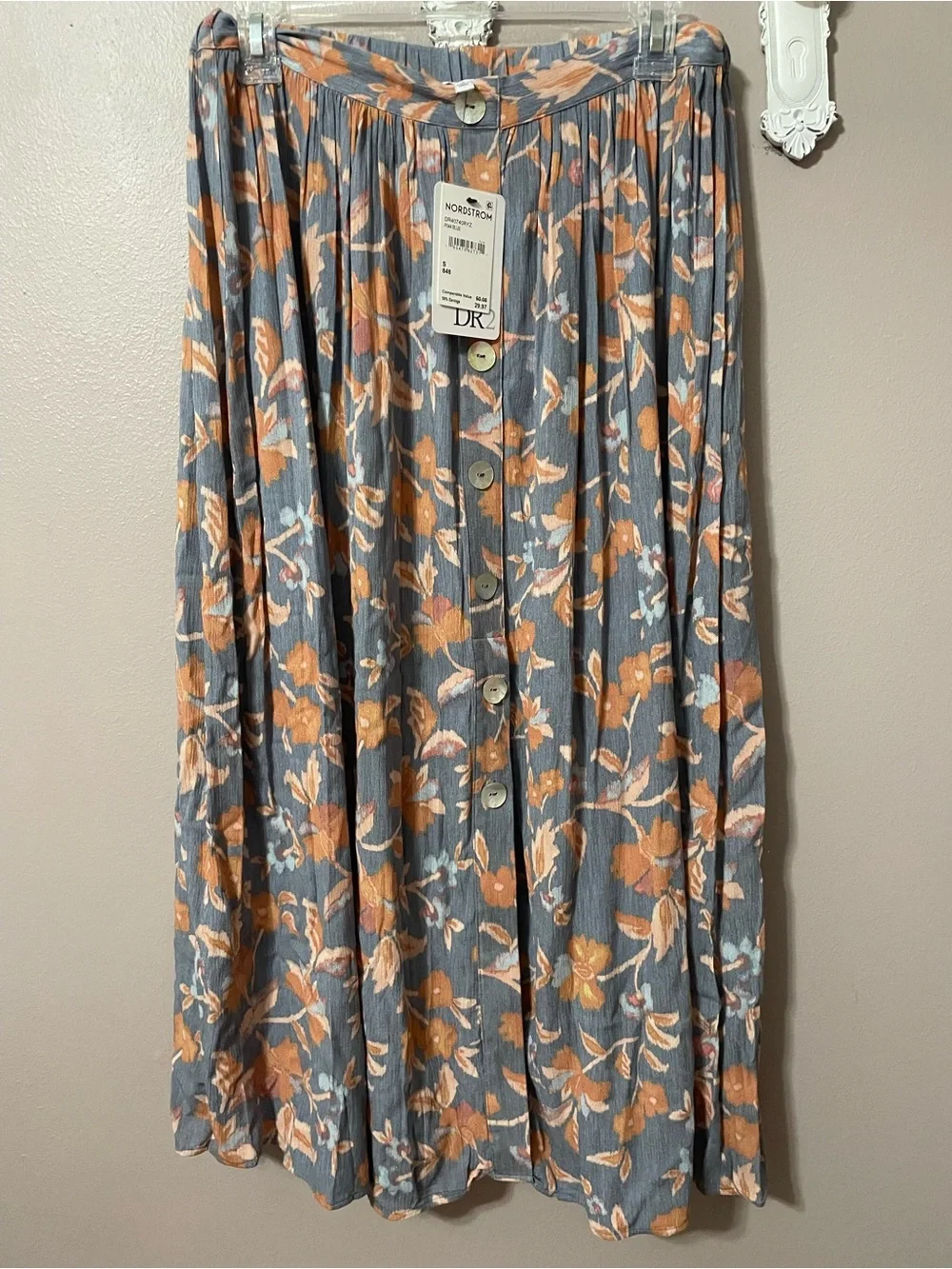 DR2 Gray Floral Button-Front Midi Skirt with Peach Accents